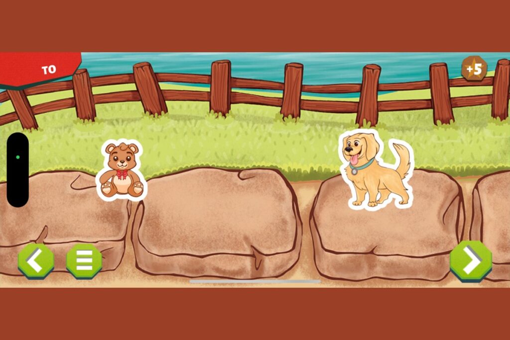 An onc-screen view of two dogs on rocks by a fence