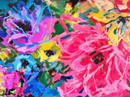 A bold floral painting in bright pink predominantly