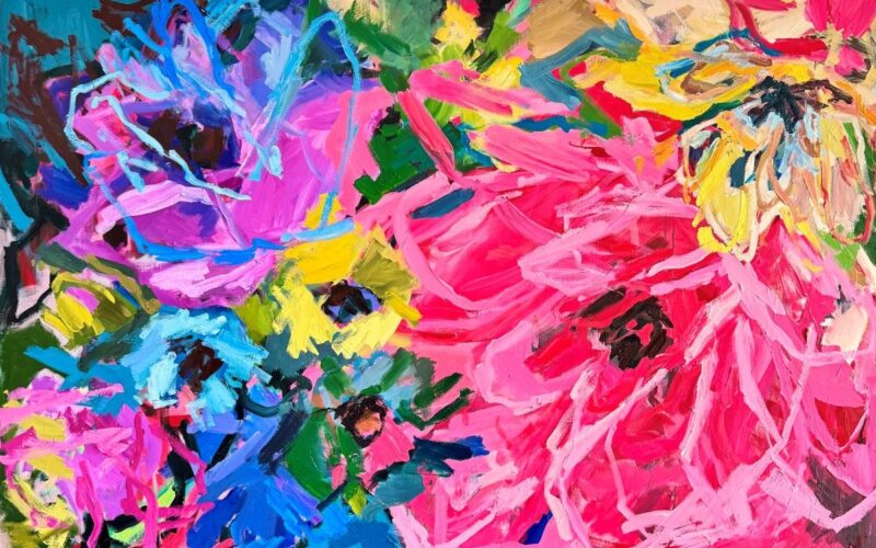 A bold floral painting in bright pink predominantly
