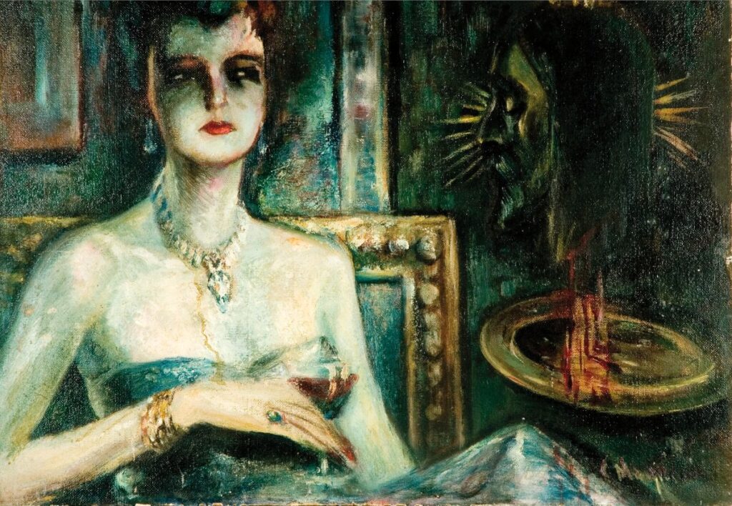 A painting of an elegant woman in a chair and a decapitated head hovering above a tray