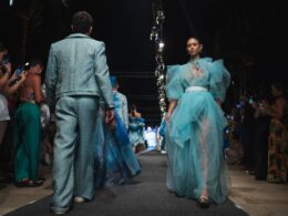 Models wearing outfits from the latest Charles and Ron collection.