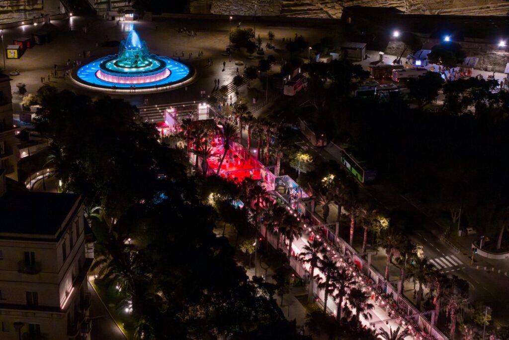 An aerial view at night