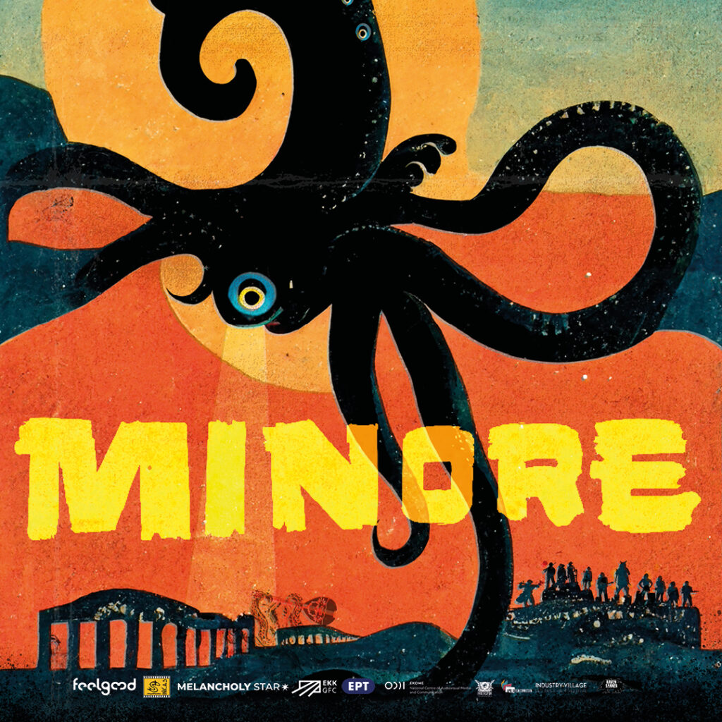 An illustration of a tentacled creature in a red sky