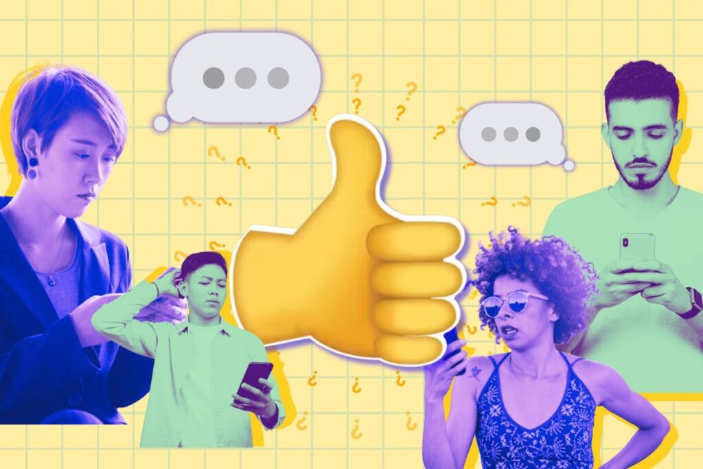 A big thumbs up emoji and people on their phones
