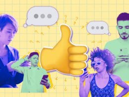 A big thumbs up emoji and people on their phones