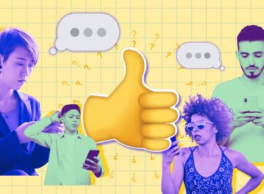 A big thumbs up emoji and people on their phones