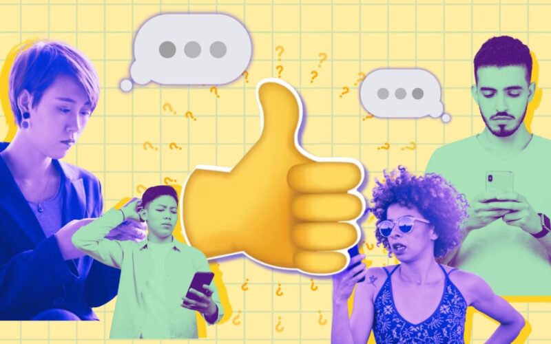 A big thumbs up emoji and people on their phones