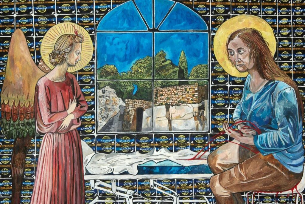 An angel visits a disheveled middle-aged Saint Mary