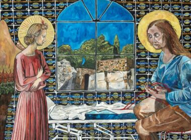 An angel visits a disheveled middle-aged Saint Mary