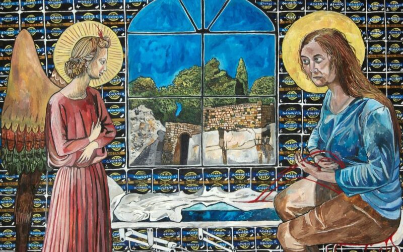 An angel visits a disheveled middle-aged Saint Mary