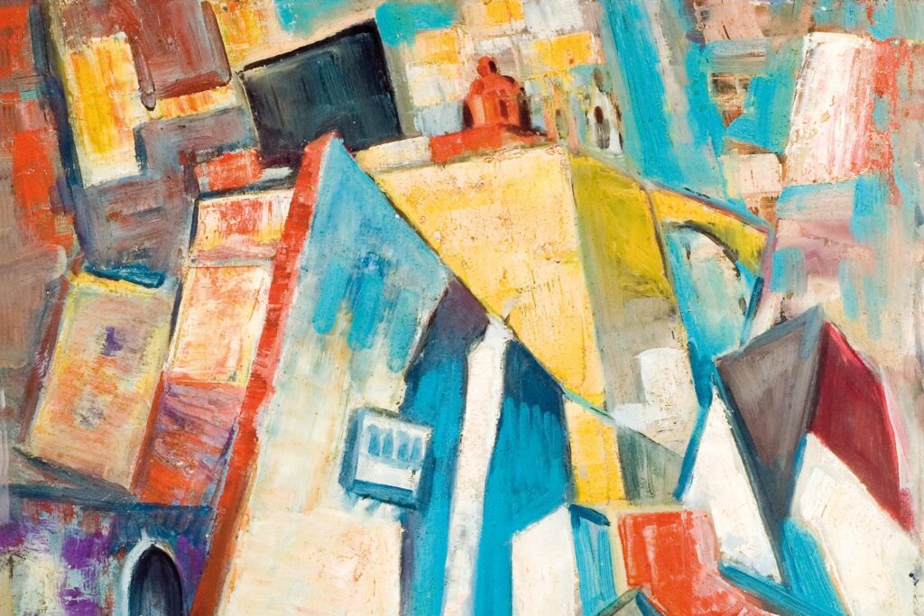Abstracted bastions in geometric yellow, blue and red