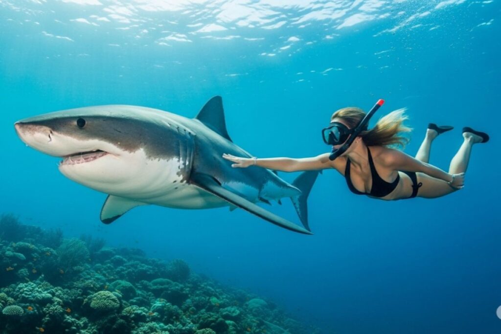 a woman underwater with a shark (AI generated)