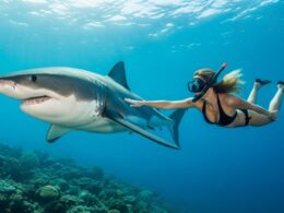 a woman underwater with a shark (AI generated)