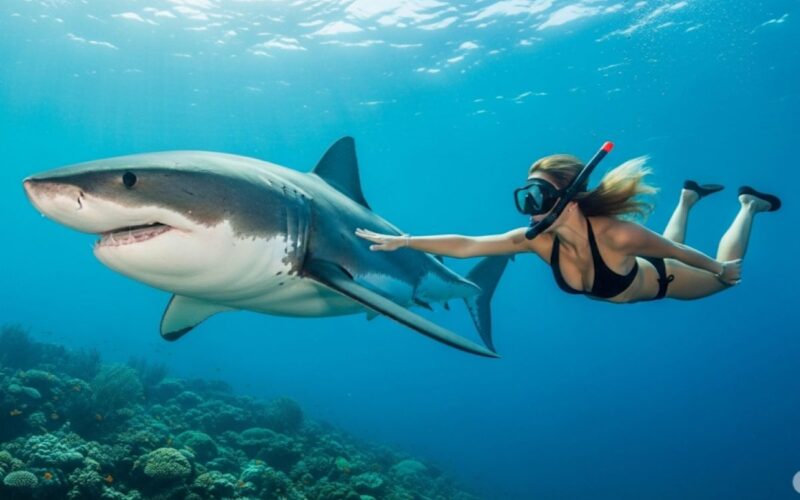 a woman underwater with a shark (AI generated)