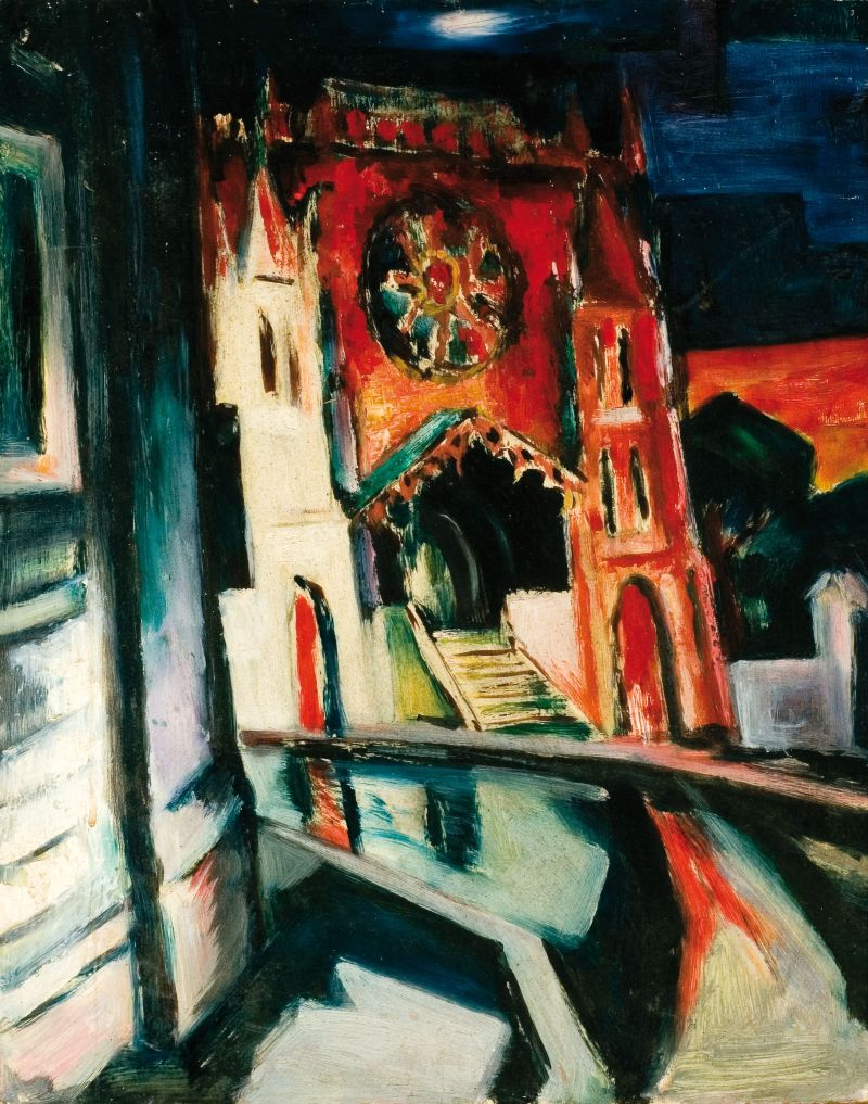 Painting of Floriana methodst chuch askew in dark orange