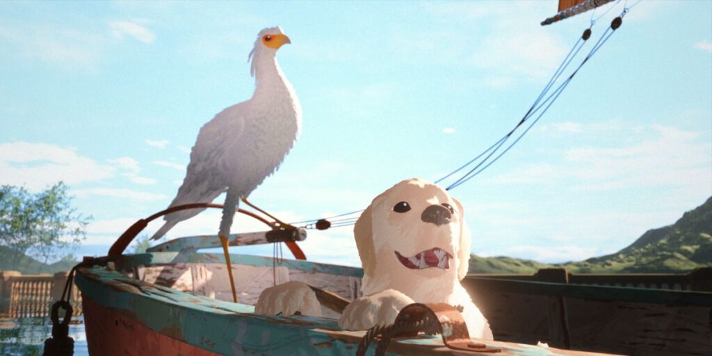 A dog and a seagull in a boat