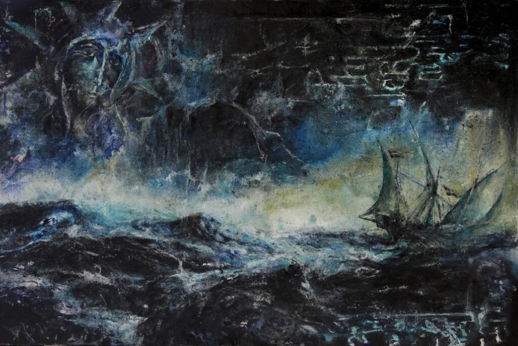 A dark and stormy painting of a ship at sea