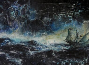 A dark and stormy painting of a ship at sea