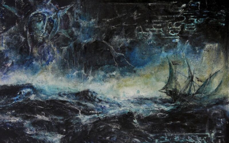 A dark and stormy painting of a ship at sea