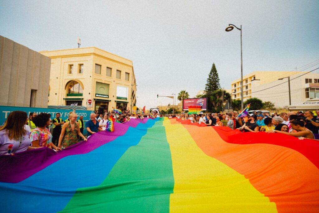 A giant rainbow flag in Gozo's main street
