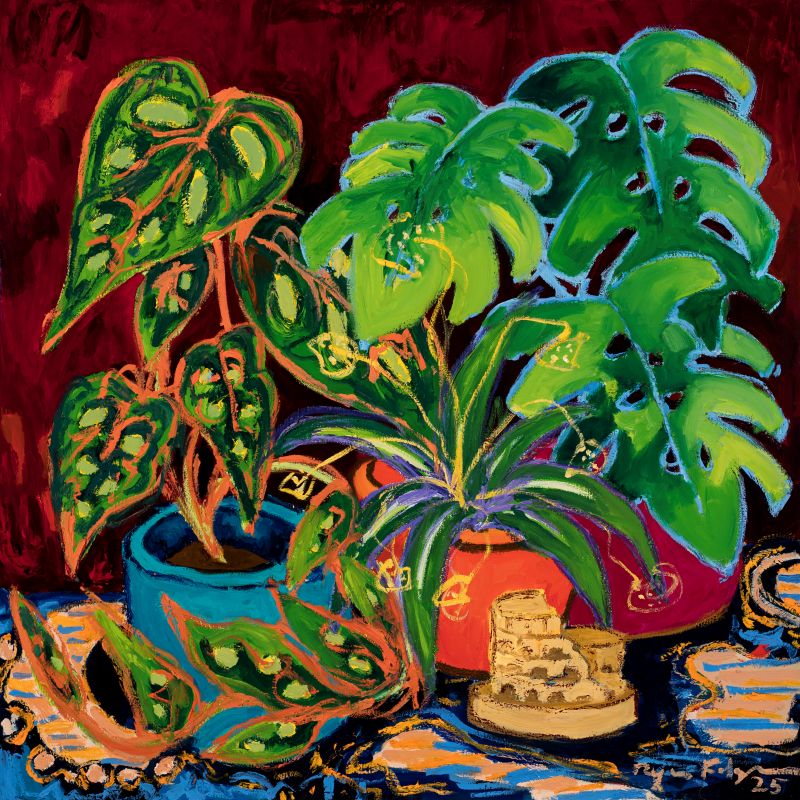 A still life painting of succulent plants
