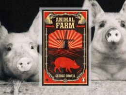 Pigs and the book cover of George Orwell's Animal Farm