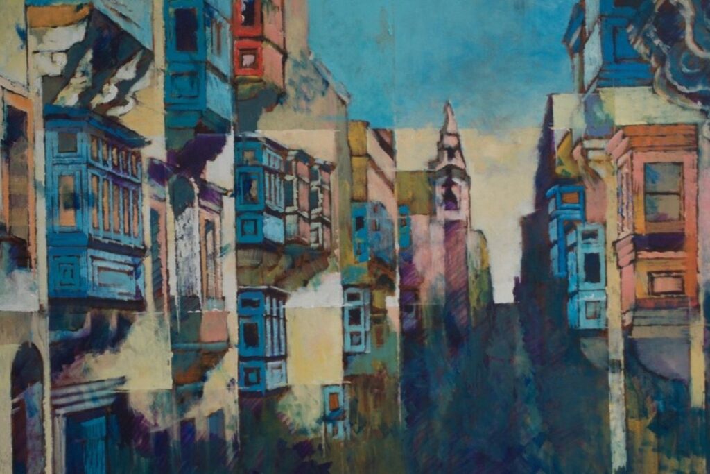 A section of a painting St Paul's Street, Valletta by Kevin Sciberras
