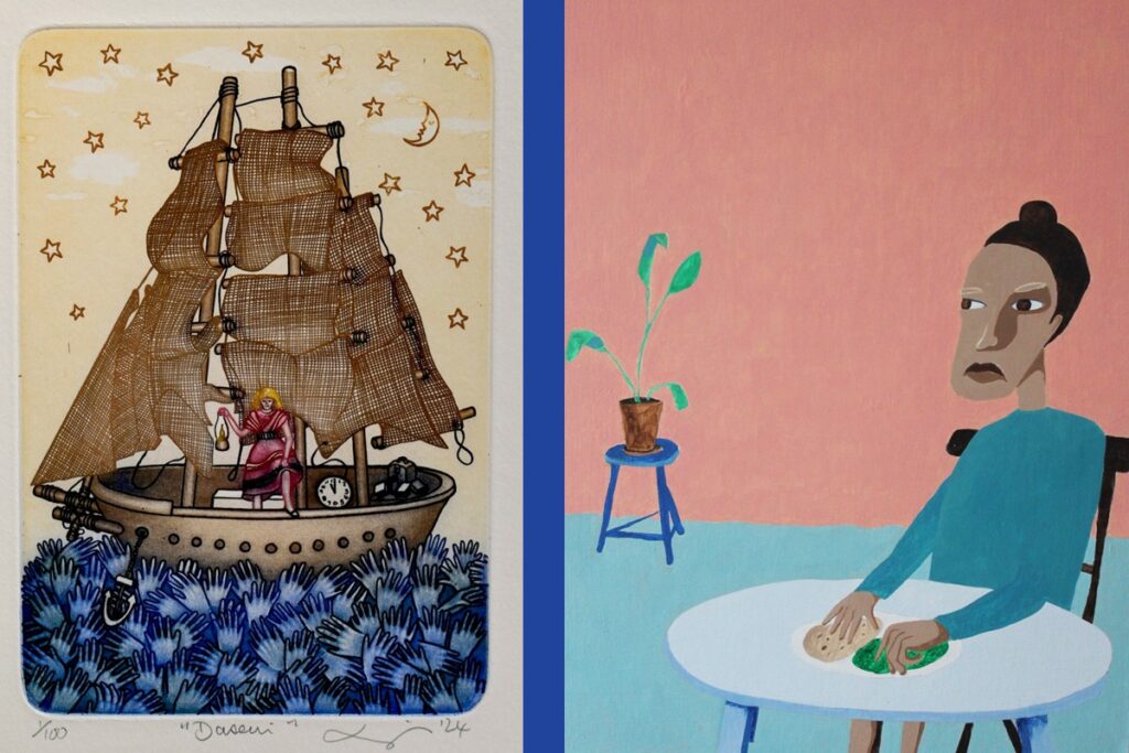 An ethcing of a ship and a painting of a sulky teenager at a table