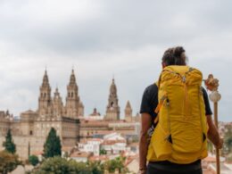 a pilgrim approaching Santiago