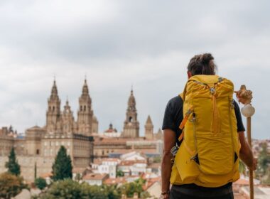 a pilgrim approaching Santiago
