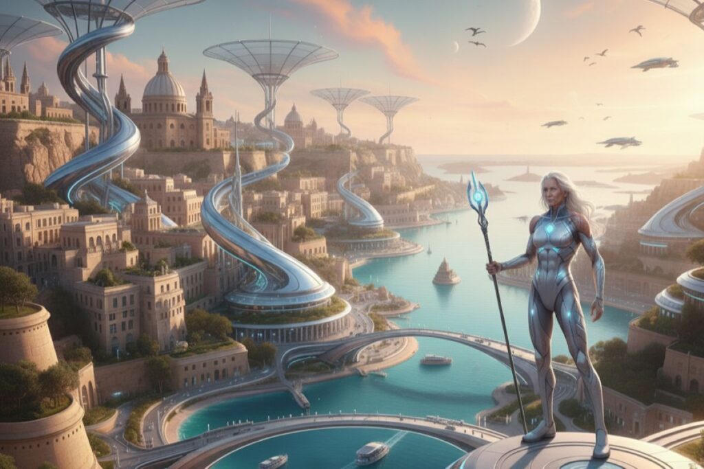 A futuristic scene with a fit white haired person in the foreground