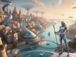A futuristic scene with a fit white haired person in the foreground