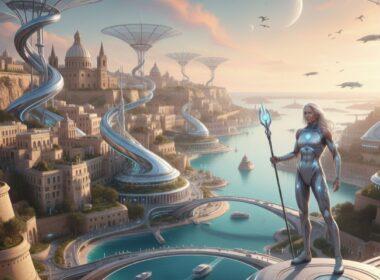 A futuristic scene with a fit white haired person in the foreground