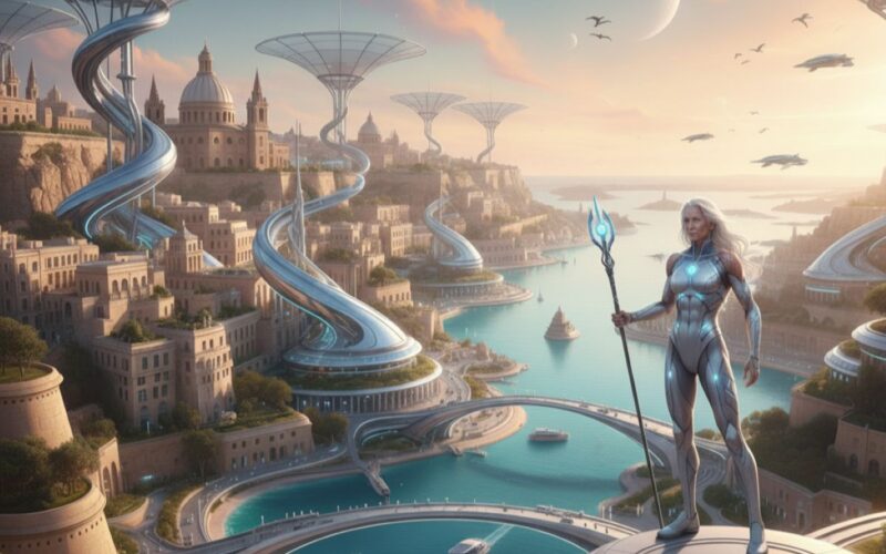 A futuristic scene with a fit white haired person in the foreground