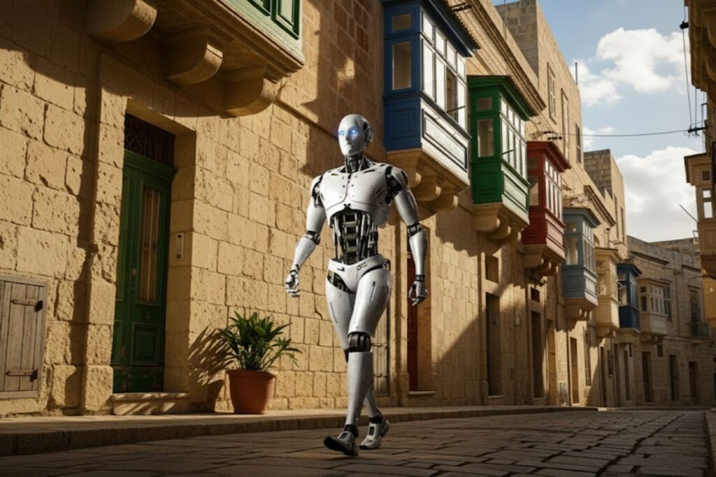 A humanoid robot in a Maltese street