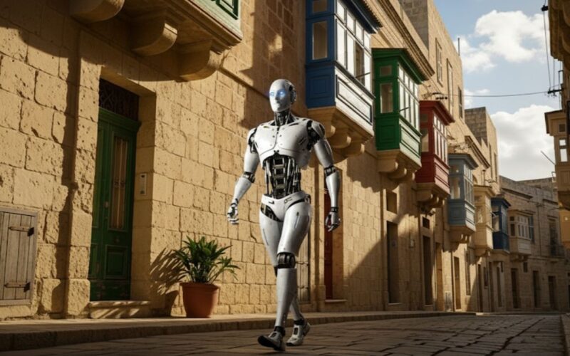 A humanoid robot in a Maltese street