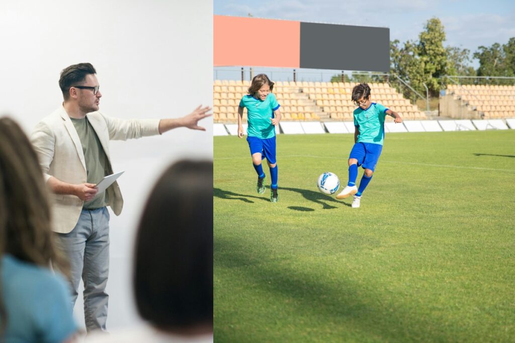 in a lecture hall and on a football pitch