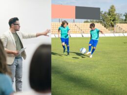 in a lecture hall and on a football pitch