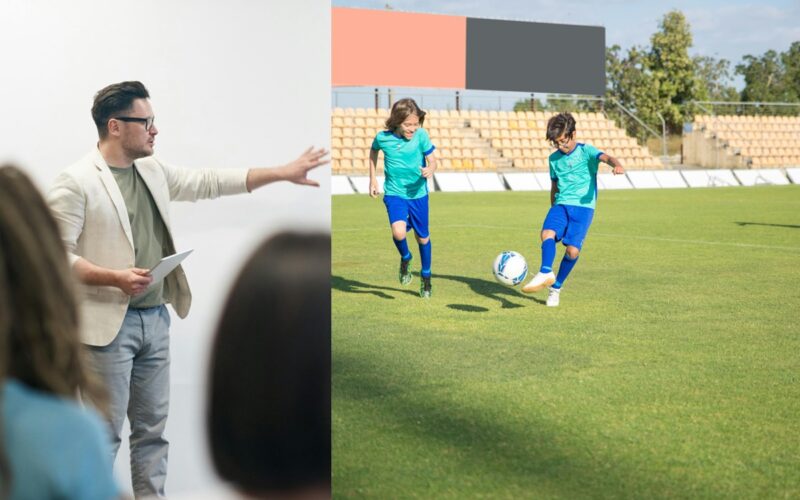 in a lecture hall and on a football pitch