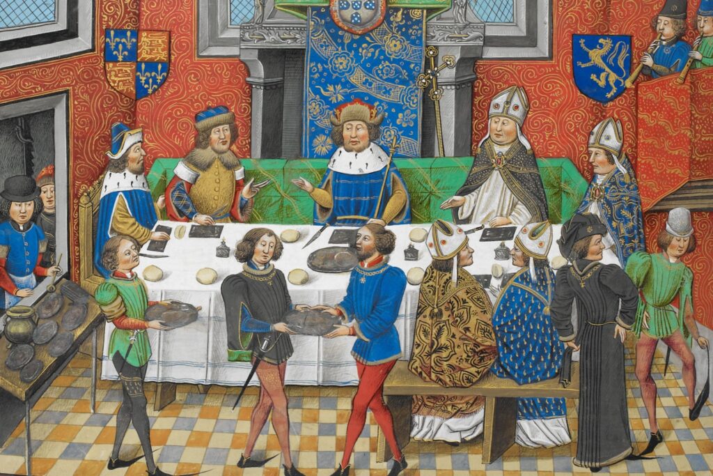 John of Gaunt dining with the King of Portugal, Chronique d'Angleterre, vol 3, late 14 century.