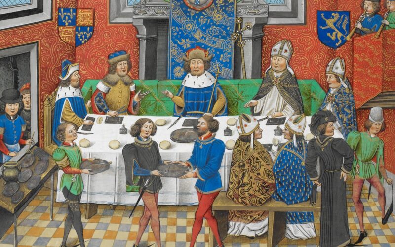 John of Gaunt dining with the King of Portugal, Chronique d'Angleterre, vol 3, late 14 century.