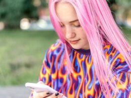 a girl with pink hair