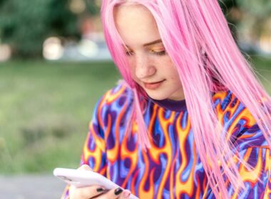 a girl with pink hair