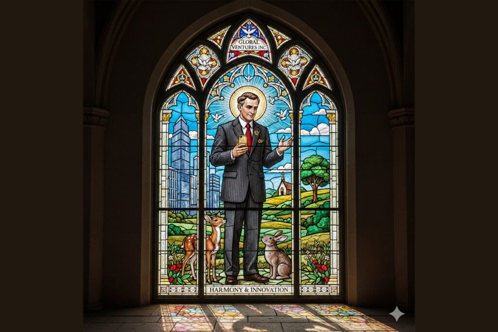 AI interpretation of a St-Francis style CEO in stained glass