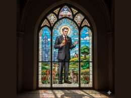 AI interpretation of a St-Francis style CEO in stained glass