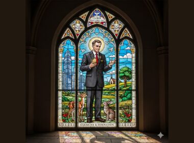 AI interpretation of a St-Francis style CEO in stained glass