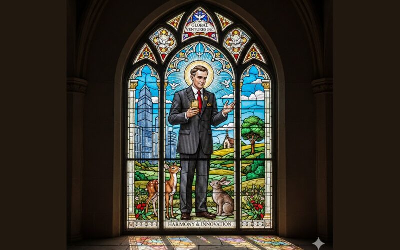 AI interpretation of a St-Francis style CEO in stained glass
