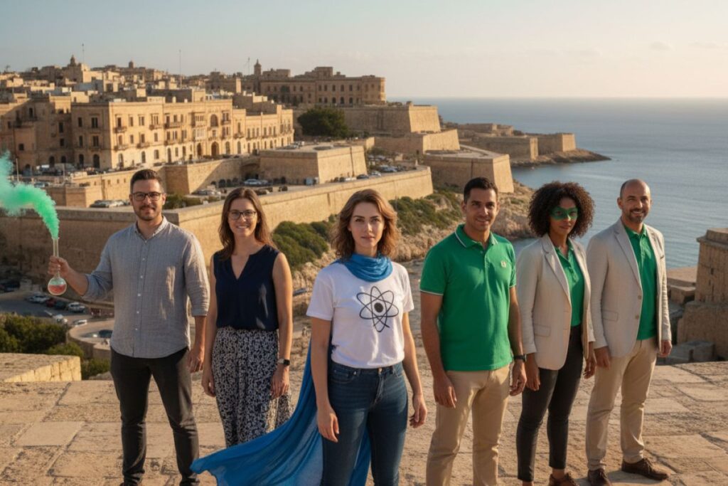 An AI-generated image of scientists on Maltese bastions
