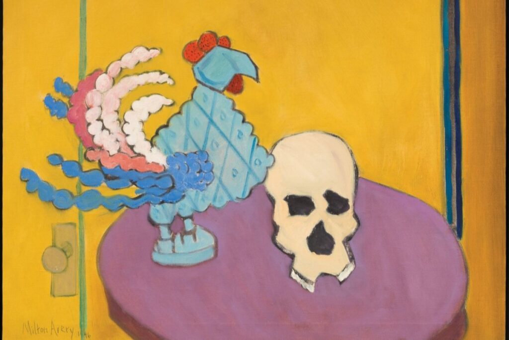 A still life painting of a cockereal and a skull