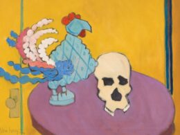 A still life painting of a cockereal and a skull
